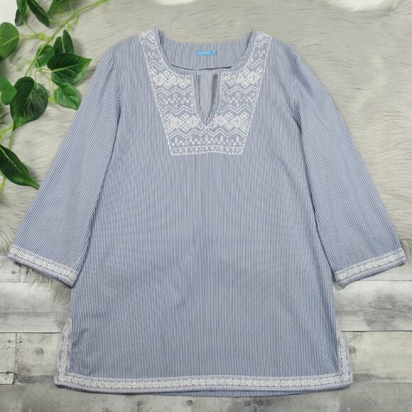 J. McLaughlin Blue & White Striped Embroidered Tunic Top Women's Size Large - Picture 6 of 13
